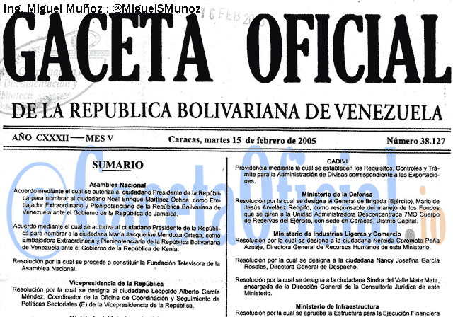 Gaceta Oficial 38127 del 15 Febrero 2005