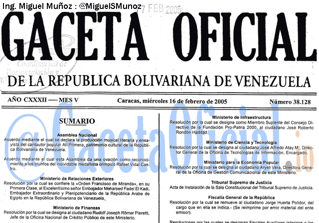 Gaceta Oficial 38128 del 16 Febrero 2005