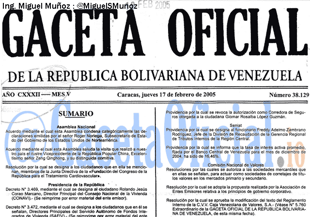 Gaceta Oficial 38129 del 17 Febrero 2005