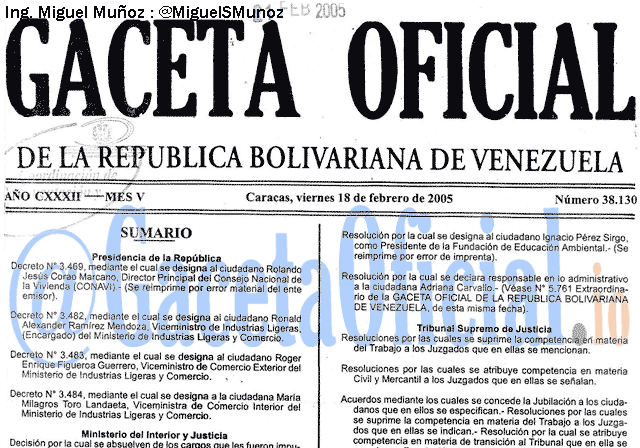 Gaceta Oficial 38130 del 18 Febrero 2005