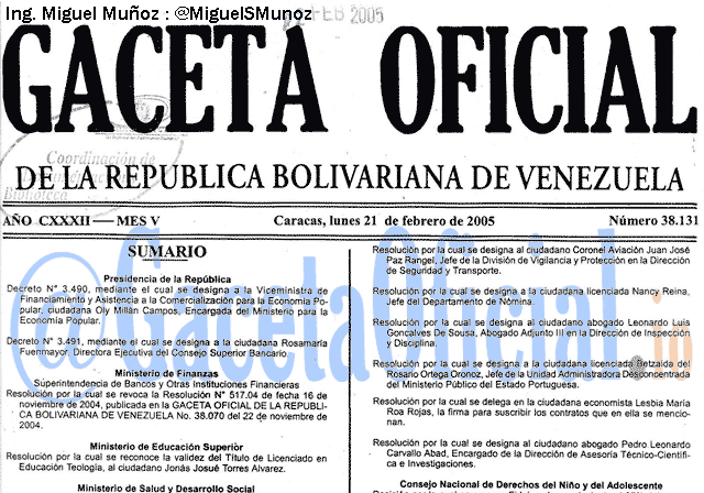 Gaceta Oficial 38131 del 21 Febrero 2005