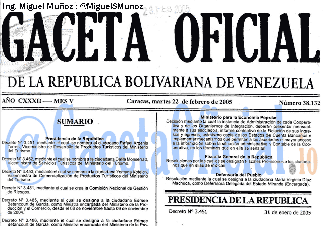 Gaceta Oficial 38132 del 22 Febrero 2005