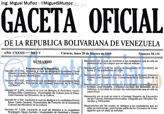 Gaceta Oficial 38136 del 28 Febrero 2005