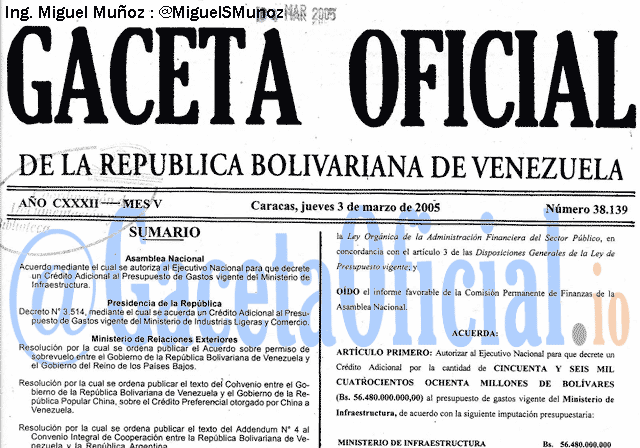 Gaceta Oficial 38139 del 3 Marzo 2005