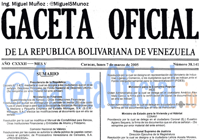 Gaceta Oficial 38141 del 7 Marzo 2005