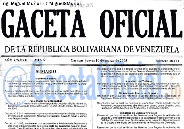 Gaceta Oficial 38144 del 10 Marzo 2005