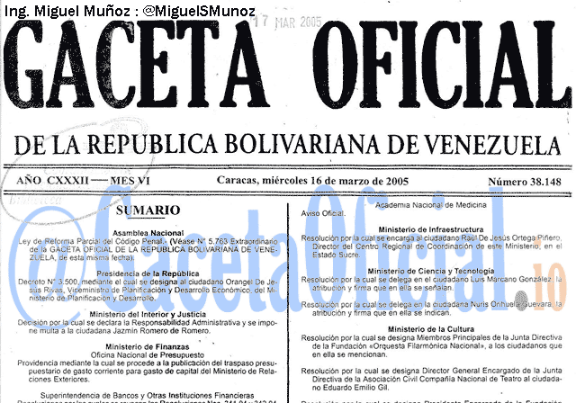 Gaceta Oficial 38148 del 16 Marzo 2005