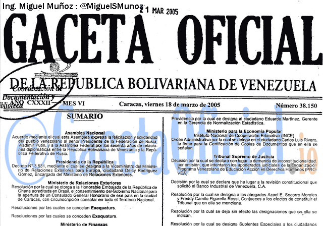 Gaceta Oficial 38150 del 18 Marzo 2005