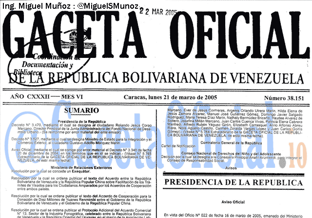 Gaceta Oficial 38151 del 21 Marzo 2005