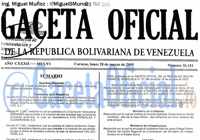 Gaceta Oficial 38153 del 28 Marzo 2005