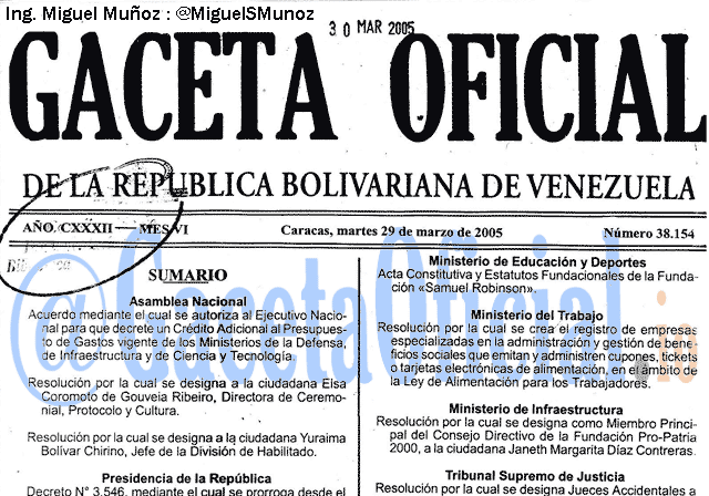Gaceta Oficial 38154 del 29 Marzo 2005