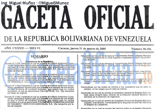 Gaceta Oficial 38156 del 31 Marzo 2005