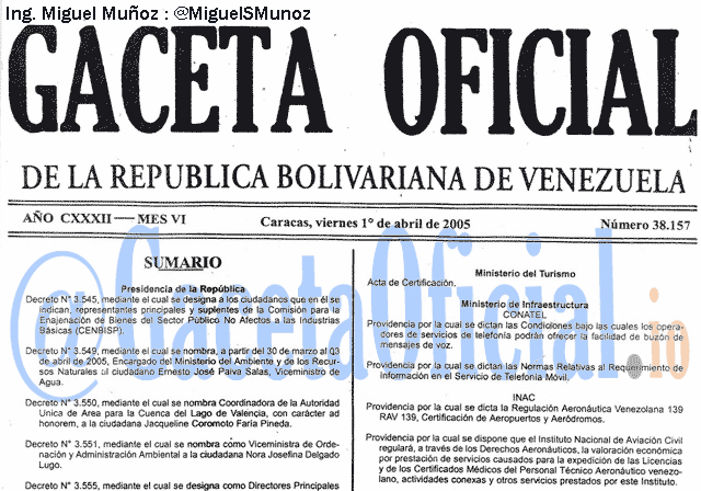 Gaceta Oficial 38157 del 1 Abril 2005