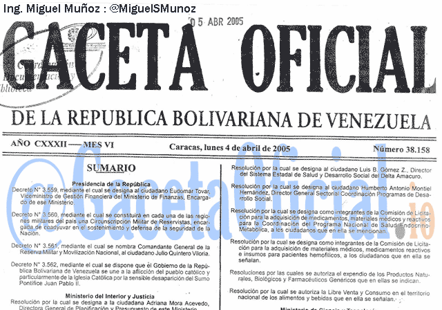 Gaceta Oficial 38158 del 4 Abril 2005