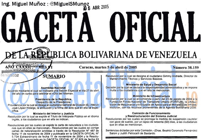 Gaceta Oficial 38159 del 5 Abril 2005
