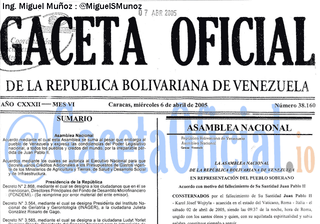 Gaceta Oficial 38160 del 6 Abril 2005