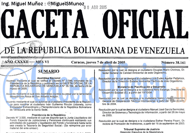 Gaceta Oficial 38161 del 7 Abril 2005