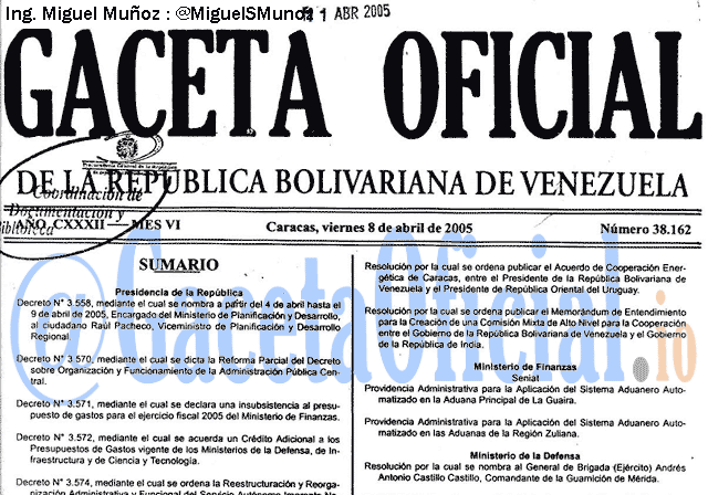 Gaceta Oficial 38162 del 8 Abril 2005