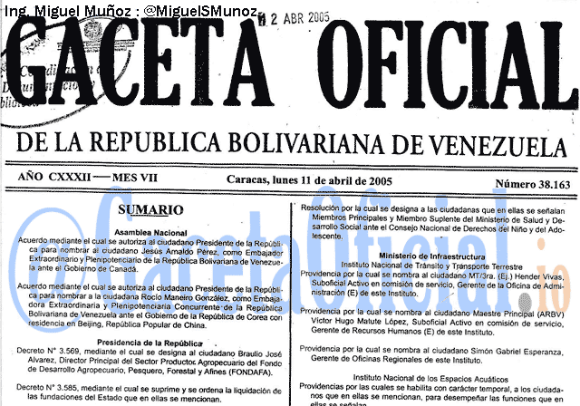 Gaceta Oficial 38163 del 11 Abril 2005
