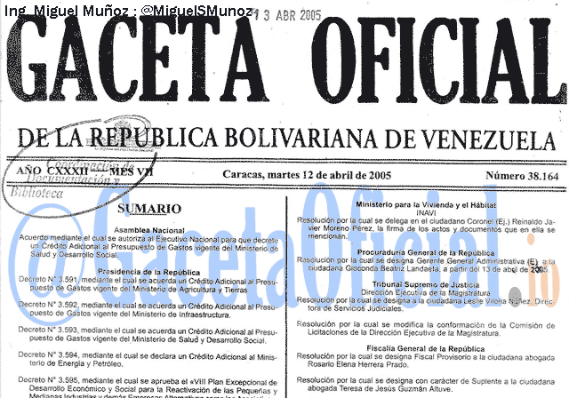 Gaceta Oficial 38164 del 12 Abril 2005