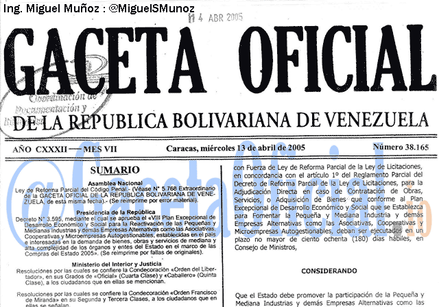 Gaceta Oficial 38165 del 13 Abril 2005