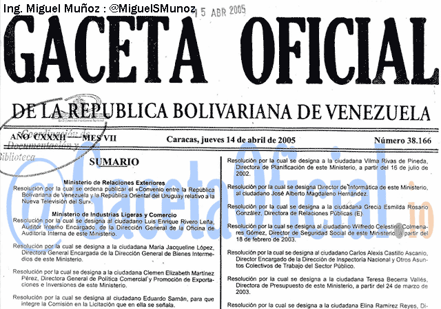 Gaceta Oficial 38166 del 14 Abril 2005