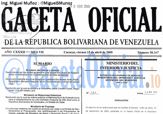 Gaceta Oficial 38167 del 15 Abril 2005