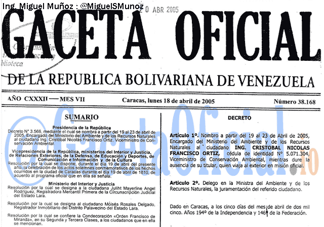 Gaceta Oficial 38168 del 18 Abril 2005