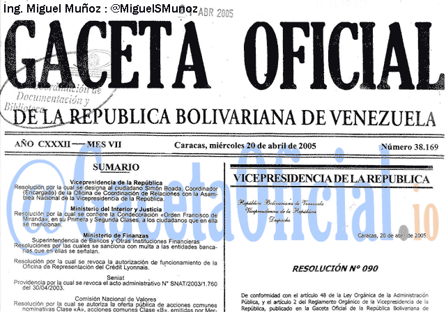 Gaceta Oficial 38169 del 20 Abril 2005