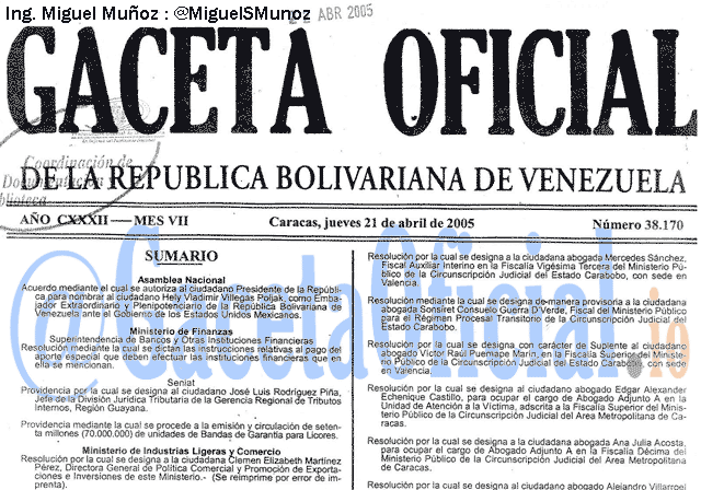 Gaceta Oficial 38170 del 21 Abril 2005
