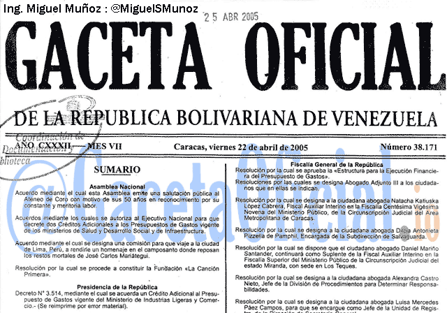 Gaceta Oficial 38171 del 22 Abril 2005