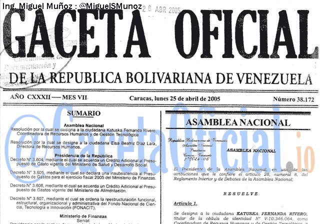 Gaceta Oficial 38172 del 25 Abril 2005