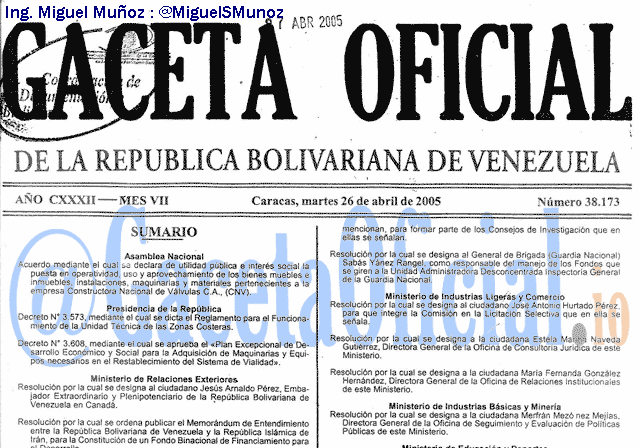 Gaceta Oficial 38173 del 26 Abril 2005