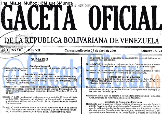 Gaceta Oficial 38174 del 27 Abril 2005