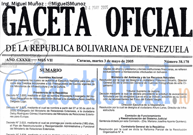 Gaceta Oficial 38178 del 3 Mayo 2005