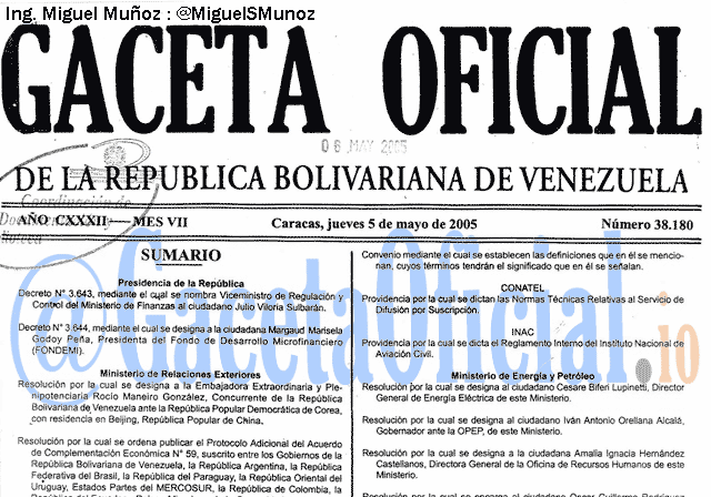 Gaceta Oficial 38180 del 5 Mayo 2005