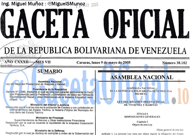 Gaceta Oficial 38182 del 9 Mayo 2005