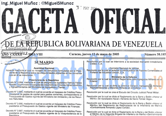 Gaceta Oficial 38185 del 12 Mayo 2005