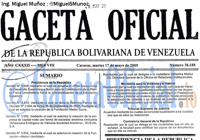 Gaceta Oficial 38188 del 17 Mayo 2005