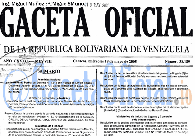Gaceta Oficial 38189 del 18 Mayo 2005