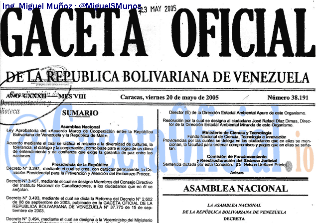 Gaceta Oficial 38191 del 20 Mayo 2005