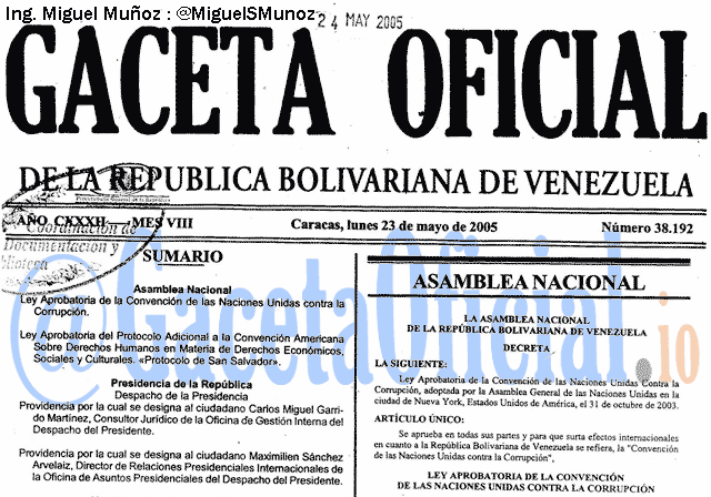 Gaceta Oficial 38192 del 23 Mayo 2005