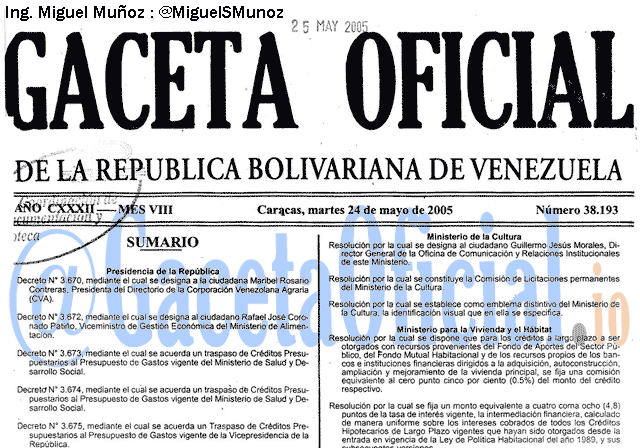 Gaceta Oficial 38193 del 24 Mayo 2005