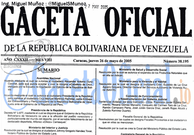 Gaceta Oficial 38195 del 26 Mayo 2005