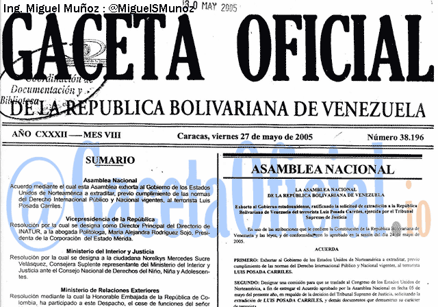 Gaceta Oficial 38196 del 27 Mayo 2005