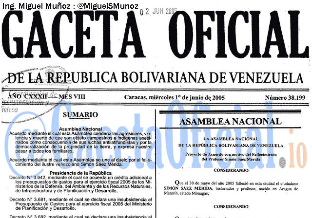Gaceta Oficial 38199 del 1 Junio 2005
