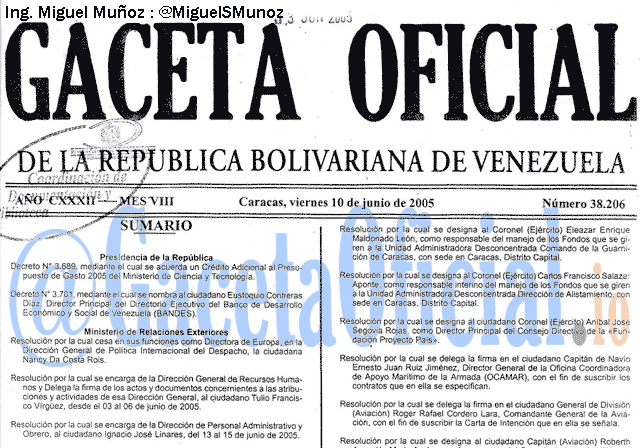 Gaceta Oficial 38206 del 10 Junio 2005