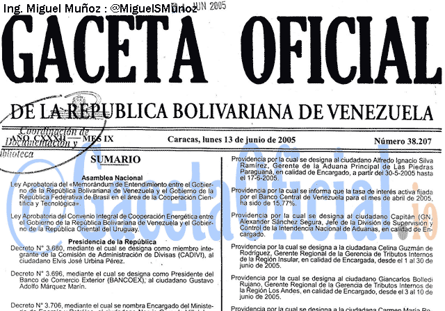 Gaceta Oficial 38207 del 13 Junio 2005