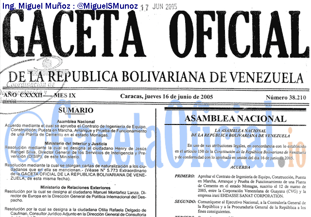 Gaceta Oficial 38210 del 16 Junio 2005