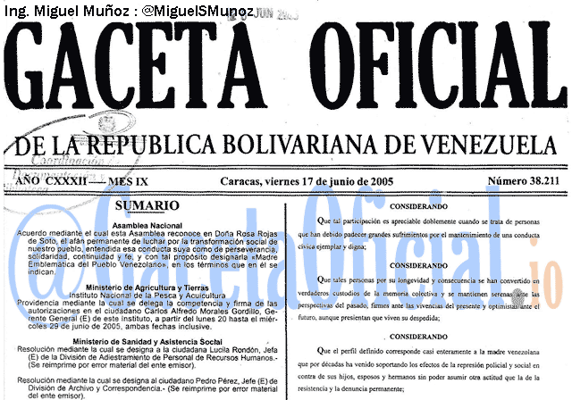 Gaceta Oficial 38211 del 17 Junio 2005